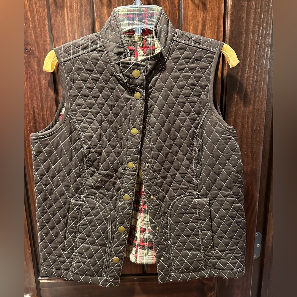 Quilted Brown Vest with Plaid Reversible Side